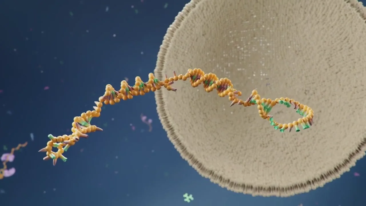 Oligon seeker animation frame showing a strand approaching a cell surface.