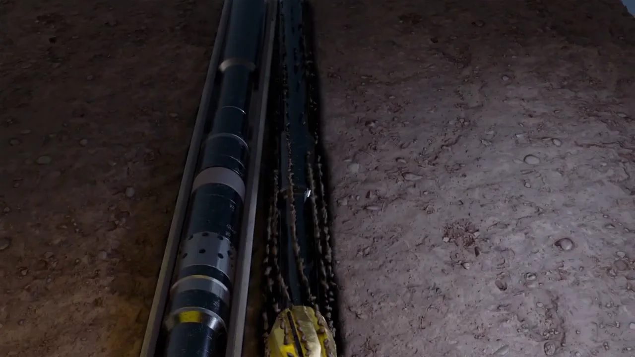 Industrial animation still of a downhole tool path underground
