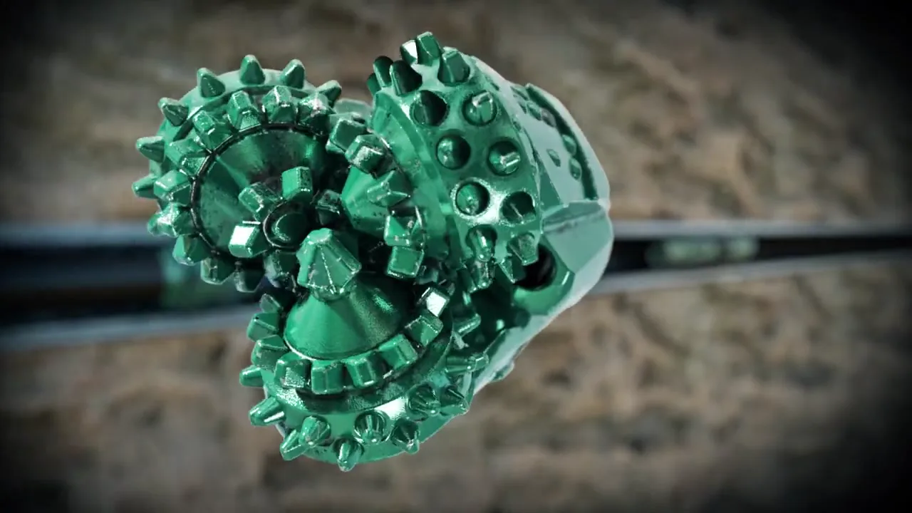 High-detail render of a tri-cone drill bit showing distinct cutting geometry