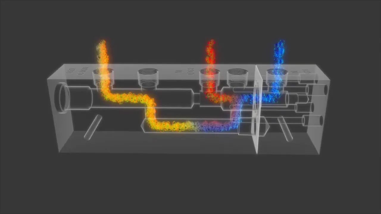Transparent cutaway animation showing internal flow paths through an industrial manifold