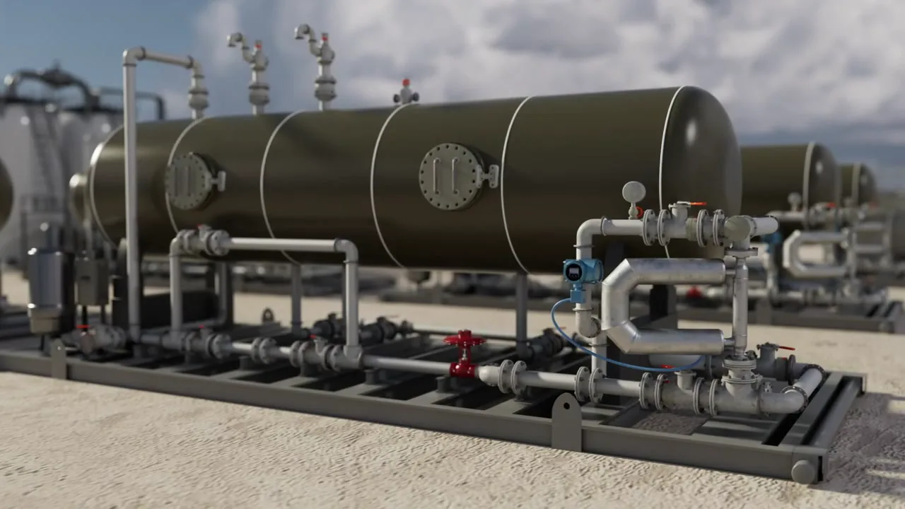 Rendered tank-battery and piping system used across sales and training material