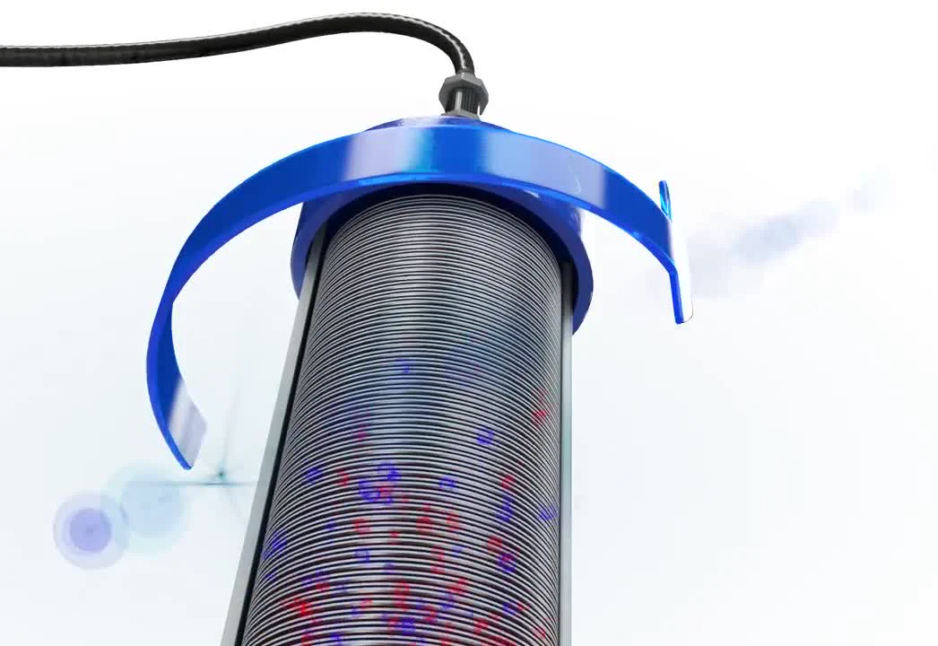 ElectraMet animation frame showing ion flow inside a cleantech product module