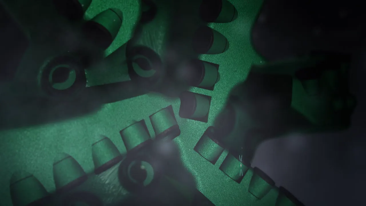 Close-up animation of cutting structure engaging rock