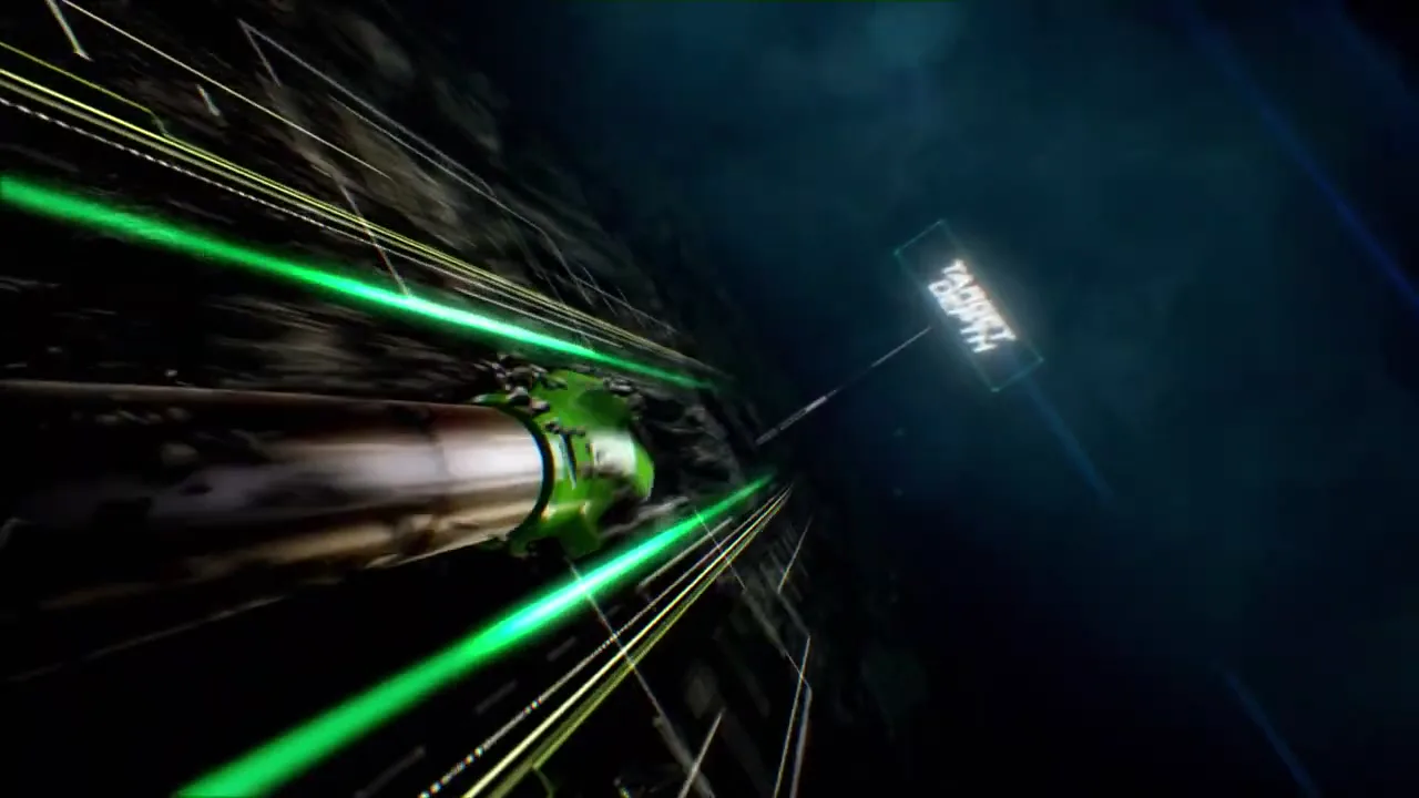 Animation still of a Varel Marksman bit running downhole with motion trails