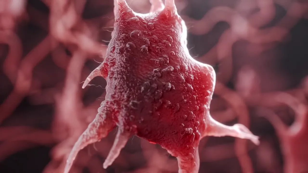 Biomedical animation frame showing a focused cellular network detail