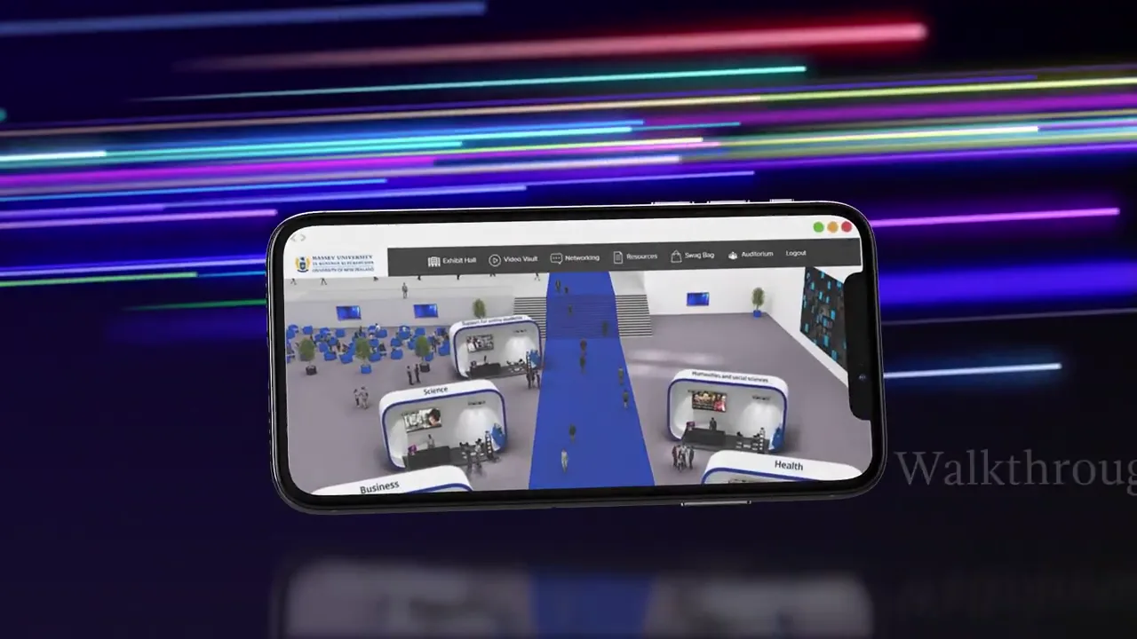Laptop displaying a real-time 3D platform environment against colorful light trails.