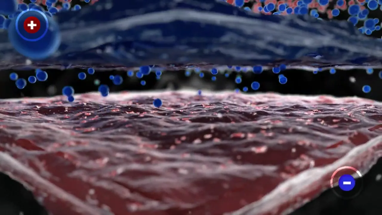 Technical animation frame showing charged particles moving between layered product material.